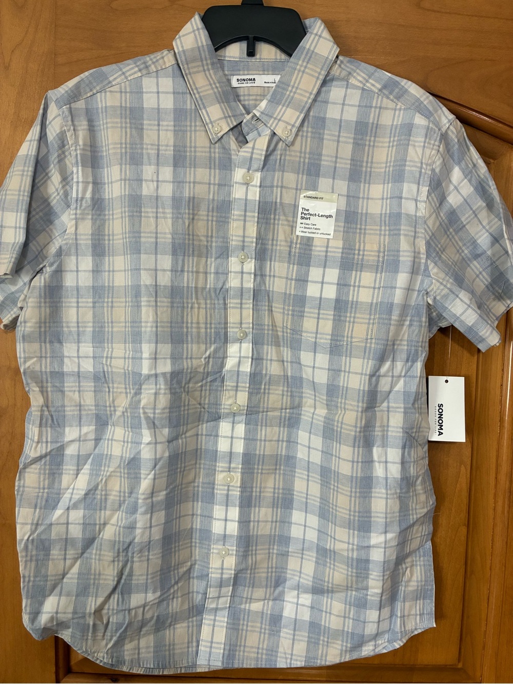 Sonoma Short-Sleeve Plaid Button-Down Shirt - Light Blue and Beige